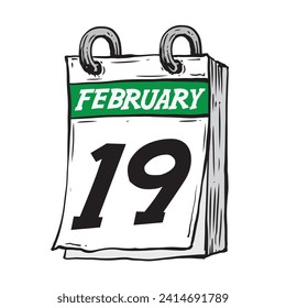 Simple hand drawn daily calendar for February line art vector illustration date 19, February 19th