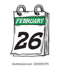 Simple hand drawn daily calendar for February line art vector illustration date 26, February 26th