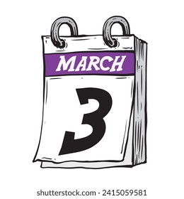 Simple hand drawn daily calendar for February line art vector illustration date 3, March 3rd