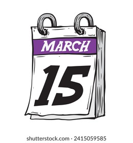 Simple hand drawn daily calendar for February line art vector illustration date 15, March 15th
