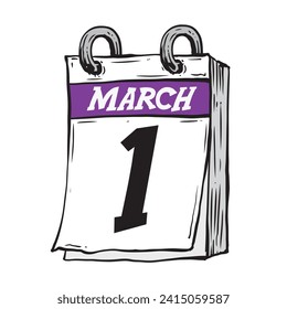 Simple hand drawn daily calendar for February line art vector illustration date 1, March 1st