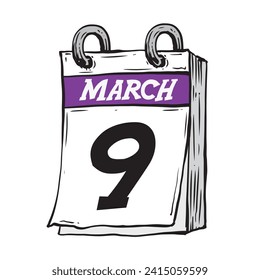 Simple hand drawn daily calendar for February line art vector illustration date 9, March 9th