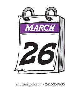 Simple hand drawn daily calendar for February line art vector illustration date 26, March 26th