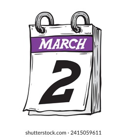 Simple hand drawn daily calendar for February line art vector illustration date 2, March 2nd