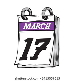 Simple hand drawn daily calendar for February line art vector illustration date 17, March 17th