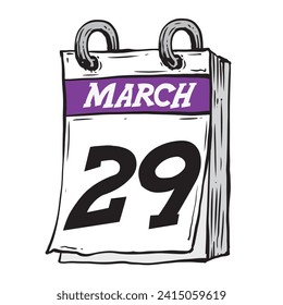 Simple hand drawn daily calendar for February line art vector illustration date 29, March 29th
