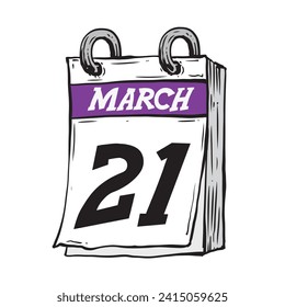 Simple hand drawn daily calendar for February line art vector illustration date 21, March 21st