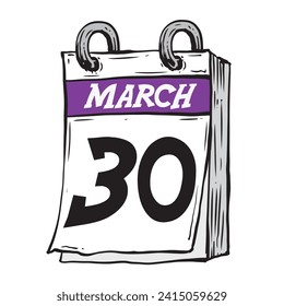 Simple hand drawn daily calendar for February line art vector illustration date 30, March 30th