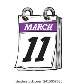 Simple hand drawn daily calendar for February line art vector illustration date 11, March 11th