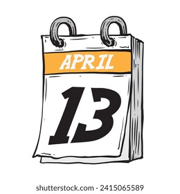 Simple hand drawn daily calendar for February line art vector illustration date 13, April 13th