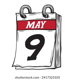 Simple hand drawn daily calendar for May line art vector illustration date 9, May 9th