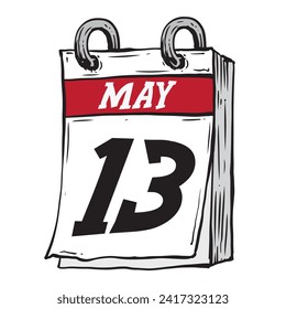 Simple hand drawn daily calendar for May line art vector illustration date 13, May 13th