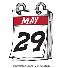 Simple hand drawn daily calendar for May line art vector illustration date 29, May 29th