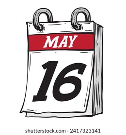 Simple hand drawn daily calendar for May line art vector illustration date 16, May 16th