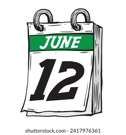 Simple hand drawn daily calendar for June line art vector illustration with green date 12, June 12th