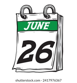Simple hand drawn daily calendar for June line art vector illustration with green date 26, June 26th