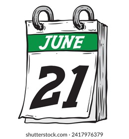 Simple hand drawn daily calendar for June line art vector illustration with green date 21, June 21st