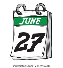 Simple hand drawn daily calendar for June line art vector illustration with green date 27, June 27th