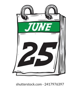 Simple hand drawn daily calendar for June line art vector illustration with green date 25, June 25th