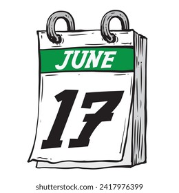 Simple hand drawn daily calendar for June line art vector illustration with green date 17, June 17th