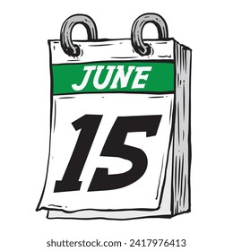 Simple hand drawn daily calendar for June line art vector illustration with green date 15, June 15th