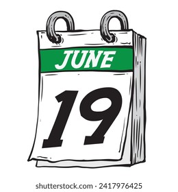 Simple hand drawn daily calendar for June line art vector illustration with green date 19, June 19th