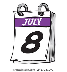 Simple hand drawn daily calendar for July line art vector illustration date 8, July 8th
