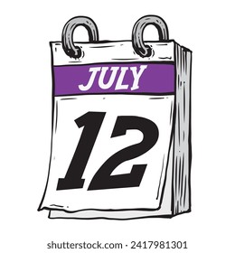 Simple hand drawn daily calendar for July line art vector illustration date 12, July 12th svg