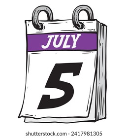 Simple hand drawn daily calendar for July line art vector illustration date 5, July 5th