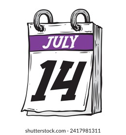 Calendario diario simple dibujado a mano para julio de ilustraciones vectoriales línea 14, 14 de julio