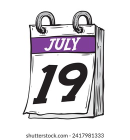 Simple hand drawn daily calendar for July line art vector illustration date 19, July 19th