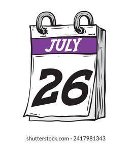 Simple hand drawn daily calendar for July line art vector illustration date 26, July 26th