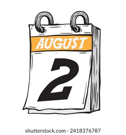 Simple hand drawn daily calendar for August line art vector illustration date 2, August 2nd