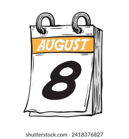 Simple hand drawn daily calendar for August line art vector illustration date 8, August 8th