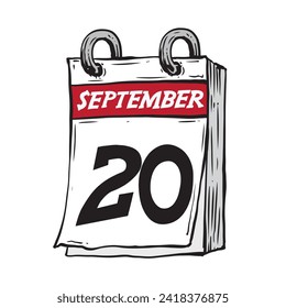 Simple hand drawn daily calendar for September line art vector illustration date 20, September 20th