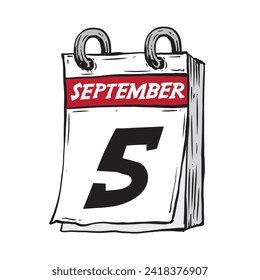 Simple hand drawn daily calendar for September line art vector illustration date 5, September 5th