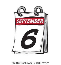 Simple hand drawn daily calendar for September line art vector illustration date 6, September 6th