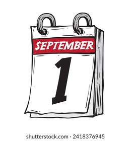 Simple hand drawn daily calendar for September line art vector illustration date 1, September 1st