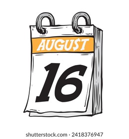 Simple hand drawn daily calendar for August line art vector illustration date 16, August 16th