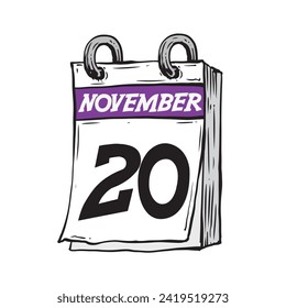 Simple hand drawn daily calendar for November line art vector illustration date 20, November 20th