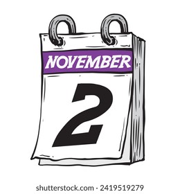 Simple hand drawn daily calendar for November line art vector illustration date 2, November 2nd