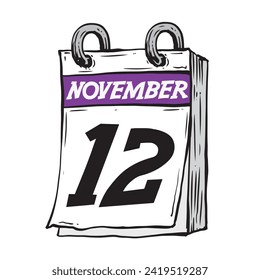 Simple hand drawn daily calendar for November line art vector illustration date 12, November 12th