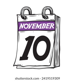 Simple hand drawn daily calendar for November line art vector illustration date 10, November 10th