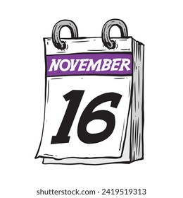 Simple hand drawn daily calendar for November line art vector illustration date 16, November 16th