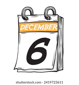Simple hand drawn daily calendar for December line art vector illustration date 6, December 6th