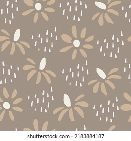 Sencillo patrón a mano sin fisuras en estilo escandinavo. Dibujo vectorial interminable con doodle color gris floral, con flores y puntos de manzanilla. Ornamento neutral de simplicidad