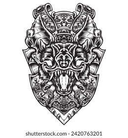 simple hand drawn of demon bat head illustration with floral engrave ornament black and white illustration