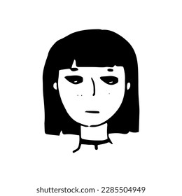 SImple hand drawn doodle avatar, goth girl portrait, teenage girl, isolated on white background