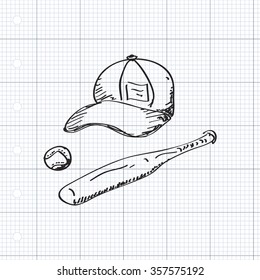Simple hand drawn doodle of baseball equipment