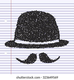 Simple hand drawn doodle of a bowler hat and moustache